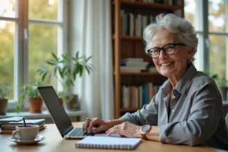 Femme âgée en visioconférence dans un bureau lumineux