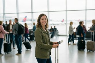 Femme souriante dans un aéroport moderne avec valise