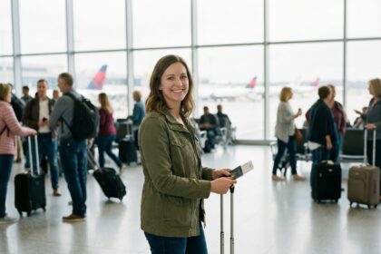 Femme souriante dans un aéroport moderne avec valise