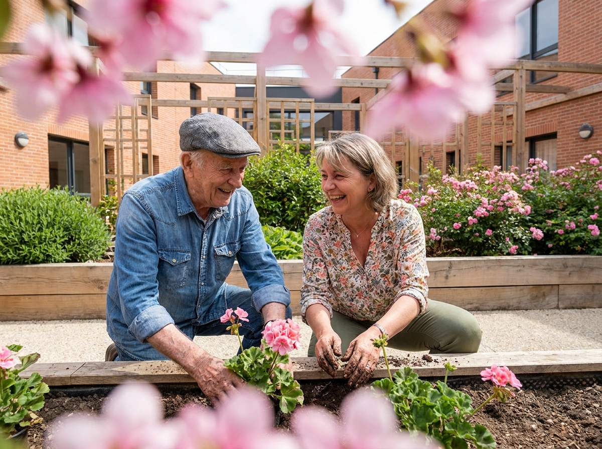 Femme et homme plantant des fleurs dans la cour d