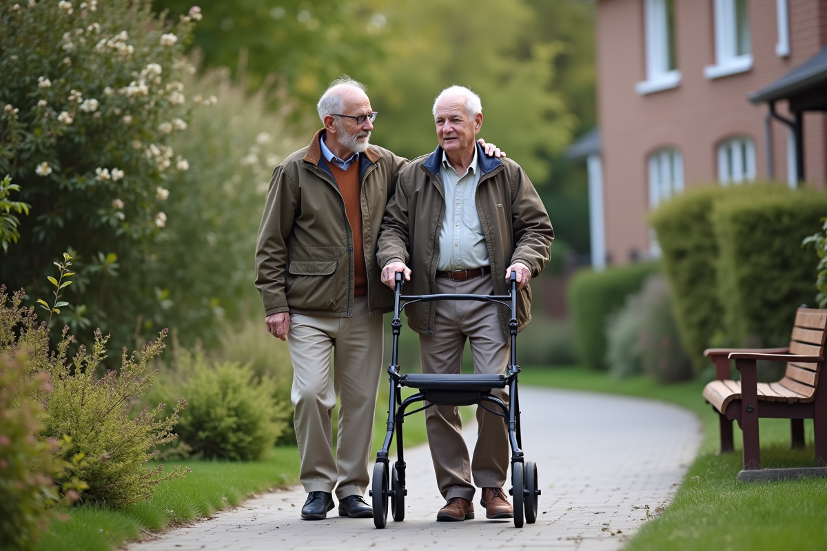 Fils aidant son père agee avec un rollator dans le jardin