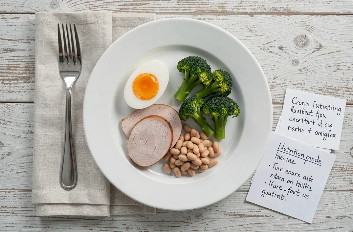 Vue aérienne d'un repas senior équilibré riche en protéines avec œuf, dinde, brocoli et haricots blancs sur table en bois