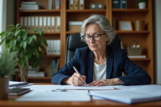 Fonctionnaire retraitée remplissant un formulaire de retraite à son bureau à domicile