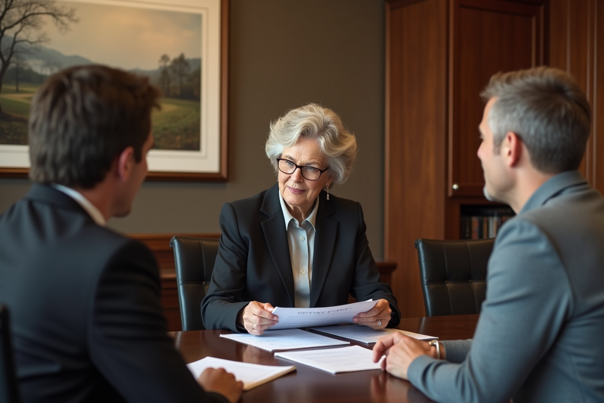 Femme conseillant un couple dans un bureau funéraire moderne