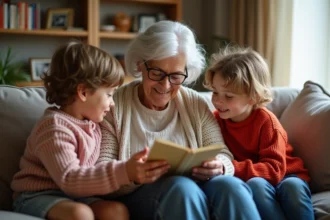 Une grand-mère lisant une carte de poésie faite main avec ses petits enfants