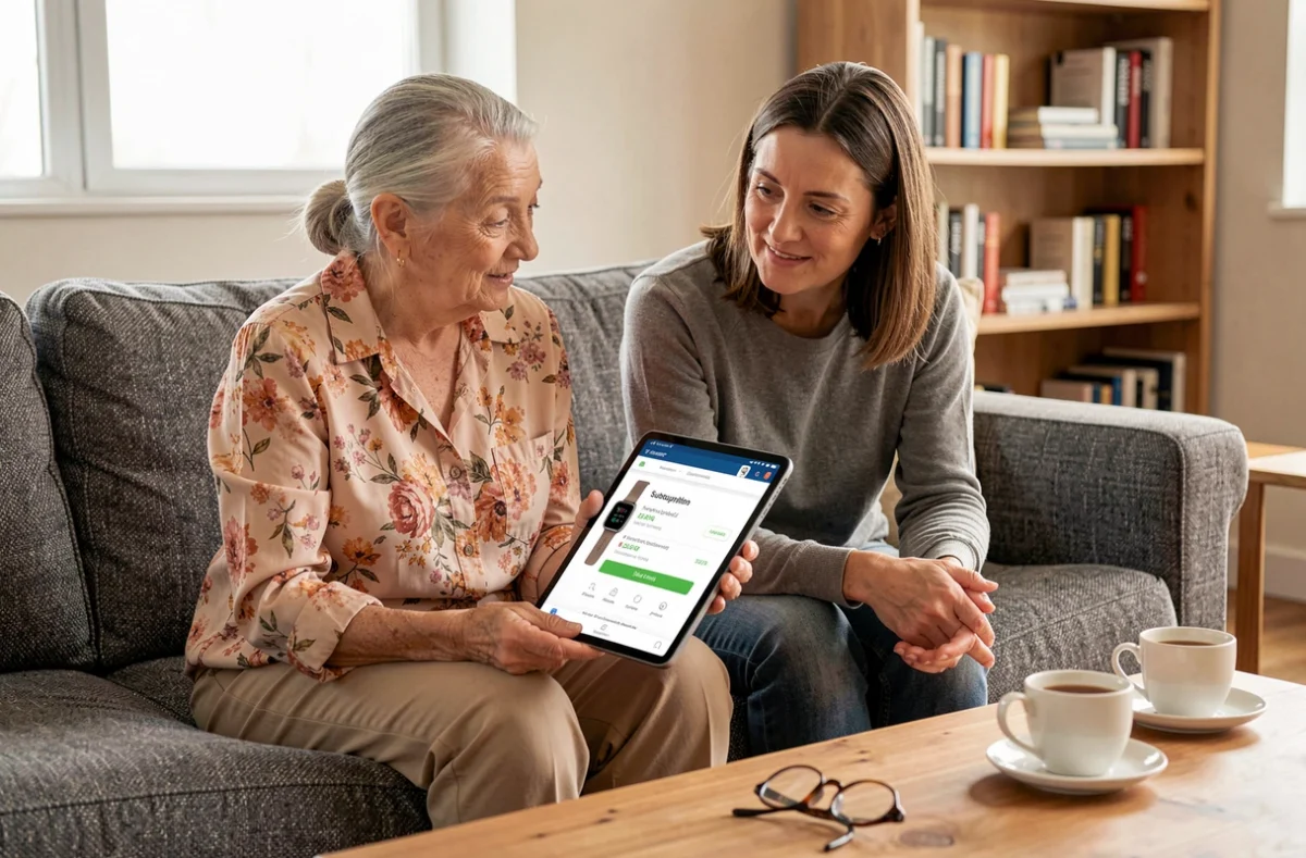 Grand-mère et sa fille adulte consultant une tablette pour choisir une montre anti-chute sans abonnement