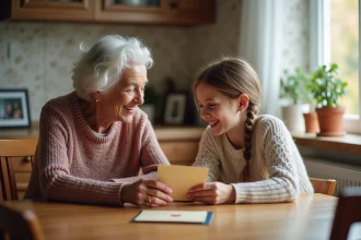 Une grand-mère et sa petite fille souriantes partageant une carte faite maison