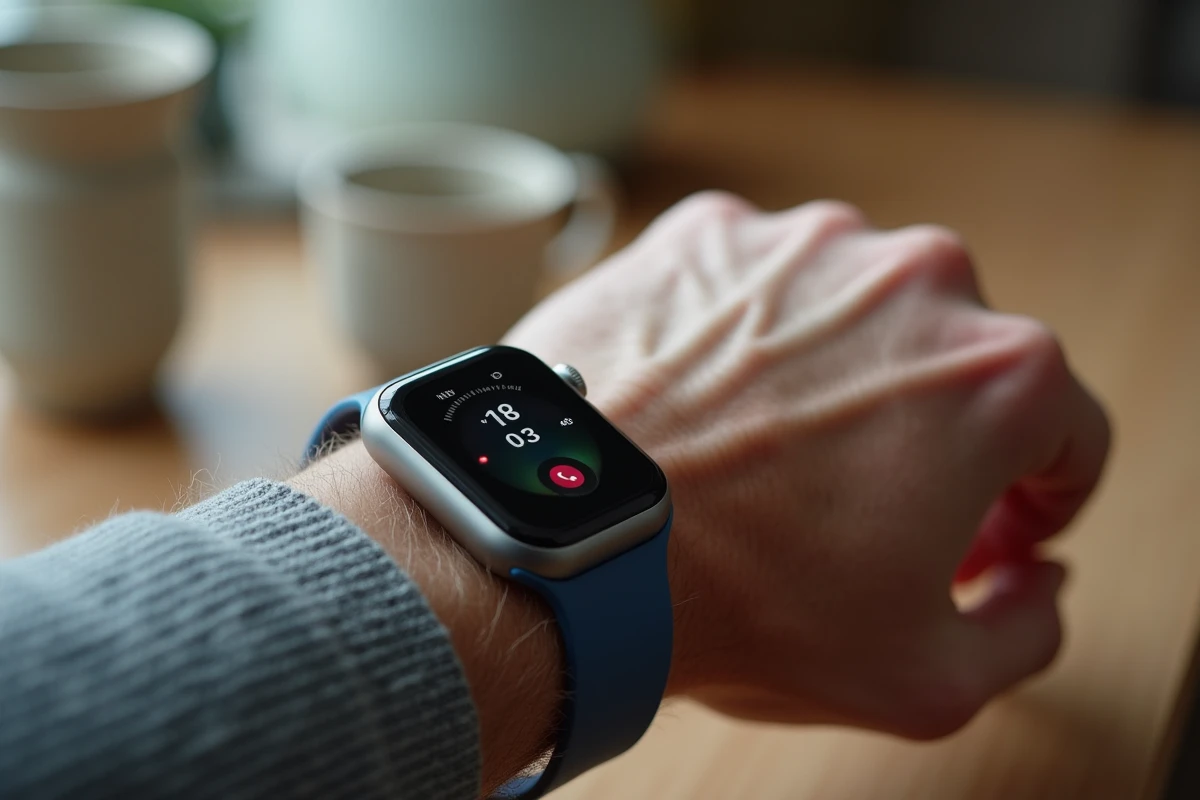 Gros plan d'une montre pour personne âgée avec bouton d'appel et micro intégré portée au poignet dans une cuisine