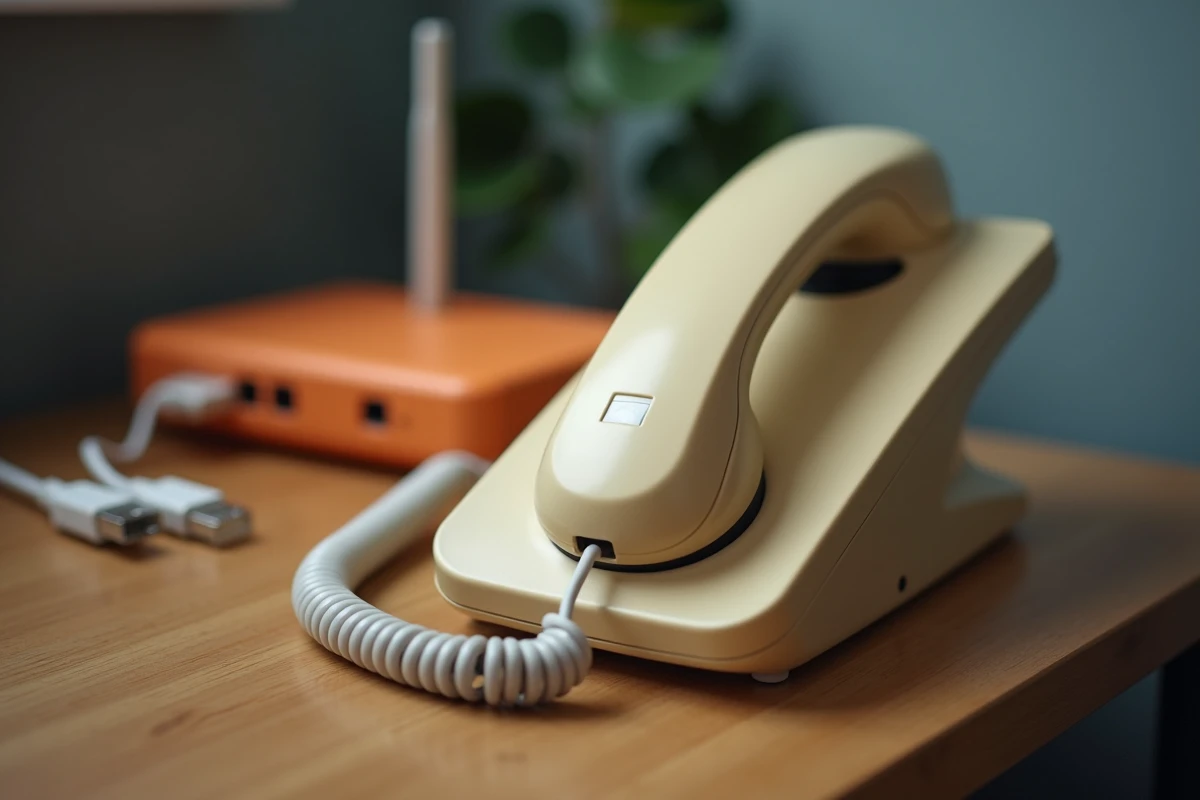 Gros plan sur un téléphone fixe filaire posé sur un bureau avec une box Orange déconnectée en arrière-plan, illustrant la transition sans coupure