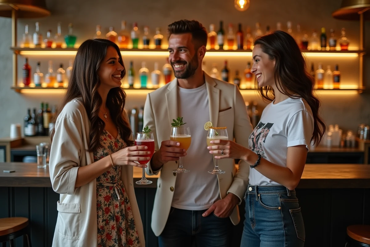 Groupe d'amis en train de discuter avec des cocktails sans alcool dans un bar-club parisien moderne