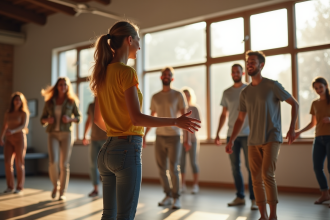Groupe divers de personnes dansant en studio lumineux
