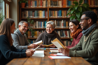 Groupe de personnes discutant autour de livres dans une bibliothèque chaleureuse