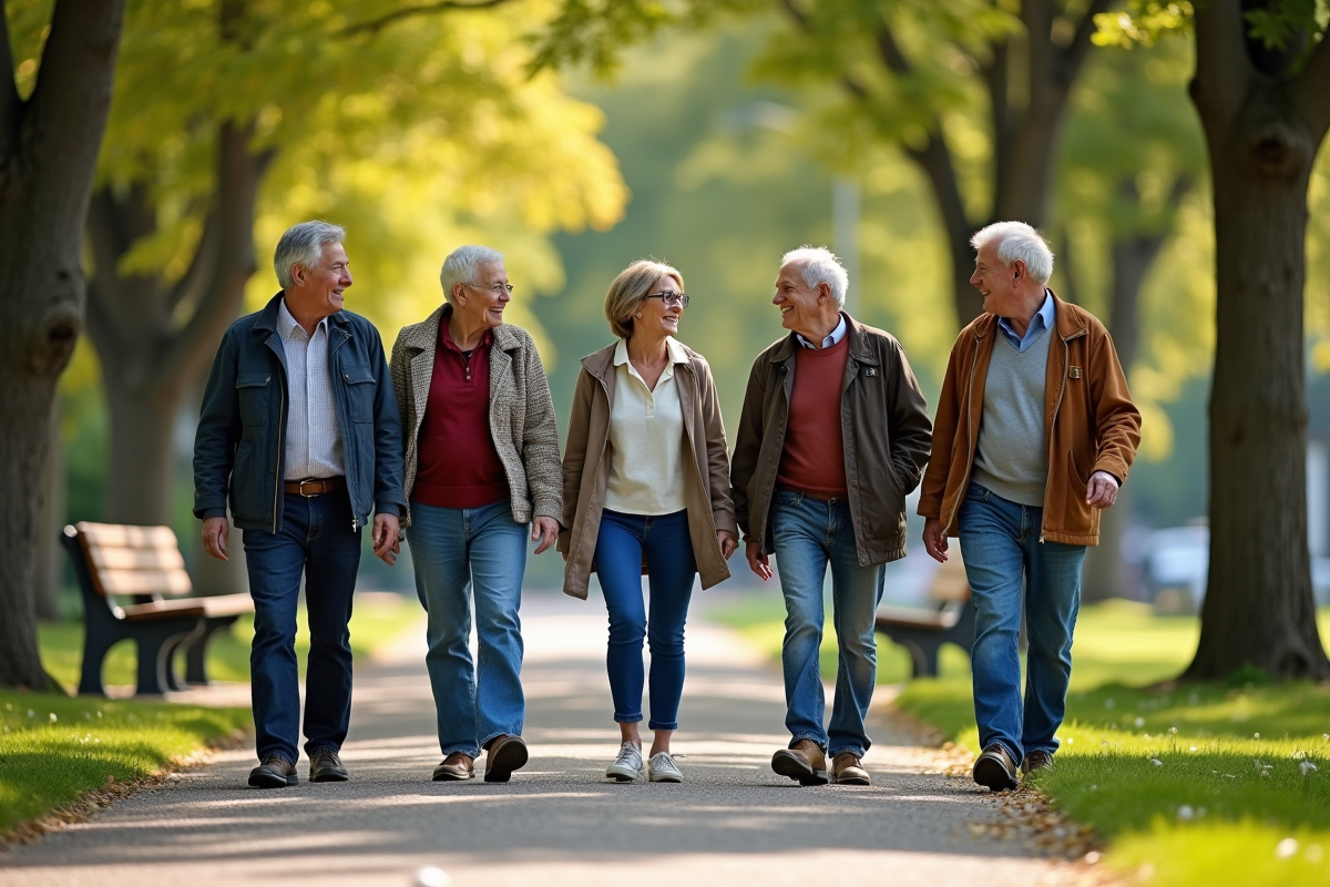 Groupe de seniors marchant dans un parc ensoleille