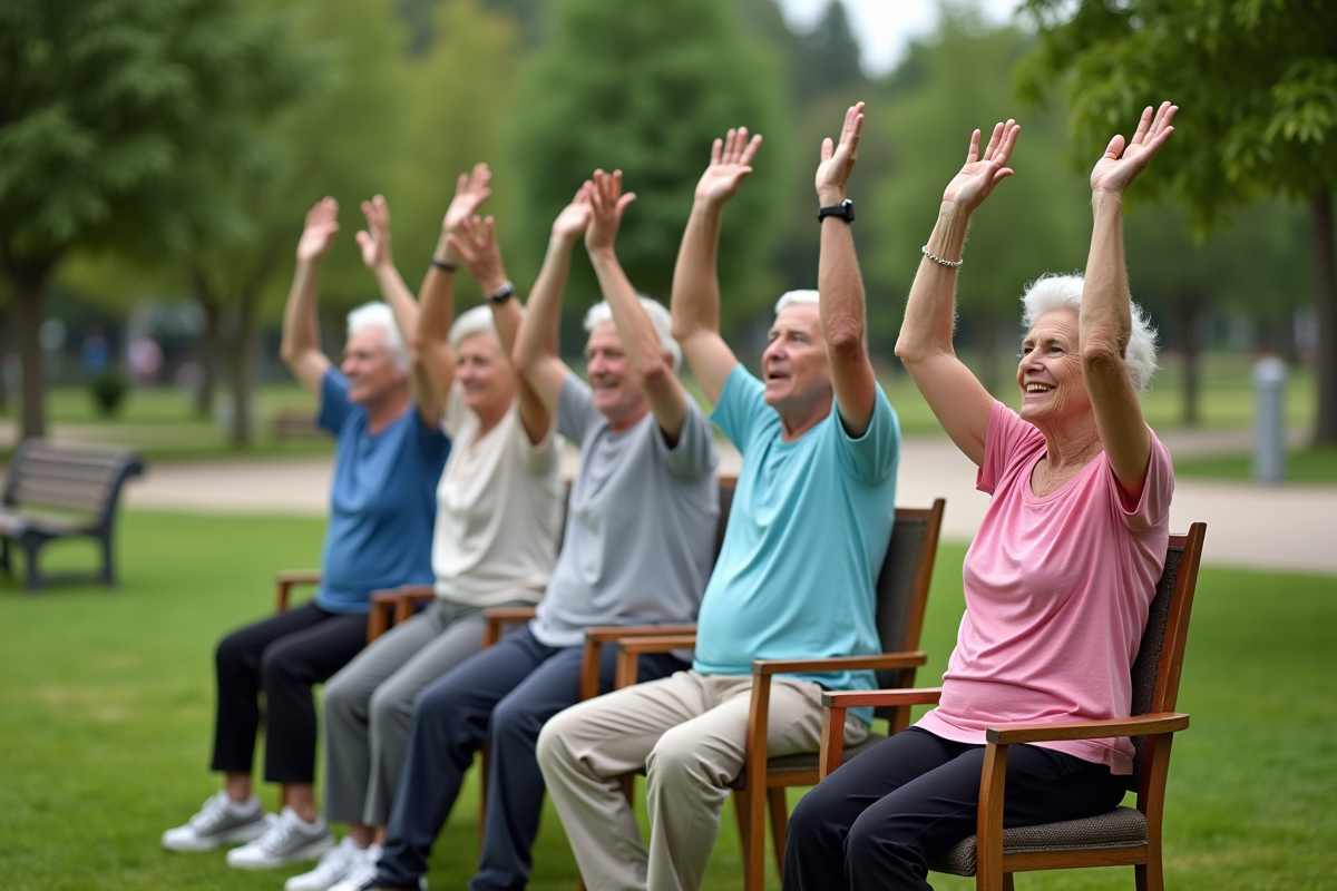 Groupe de seniors faisant des exercices assis en extérieur