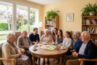 Groupe de seniors jouant à un jeu de société dans un salon chaleureux à Toulouse
