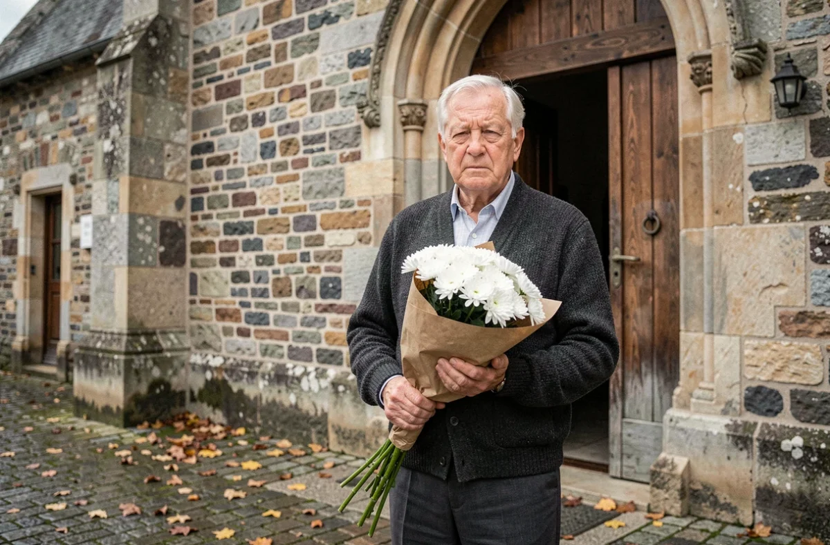 Homme âgé portant des fleurs blanches devant une église lors d'obsèques pour une grand-mère