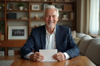 Homme souriant de 70 ans en costume navy lors d'une fête