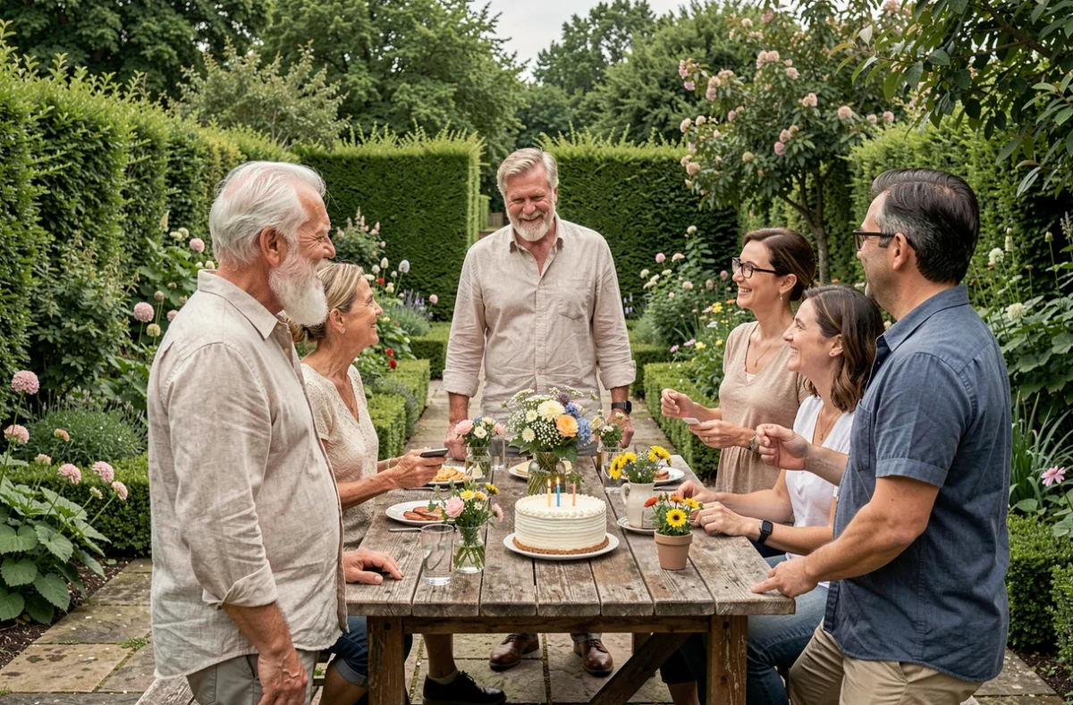 Homme de 70 ans fêtant son anniversaire entouré d'amis dans un jardin fleuri