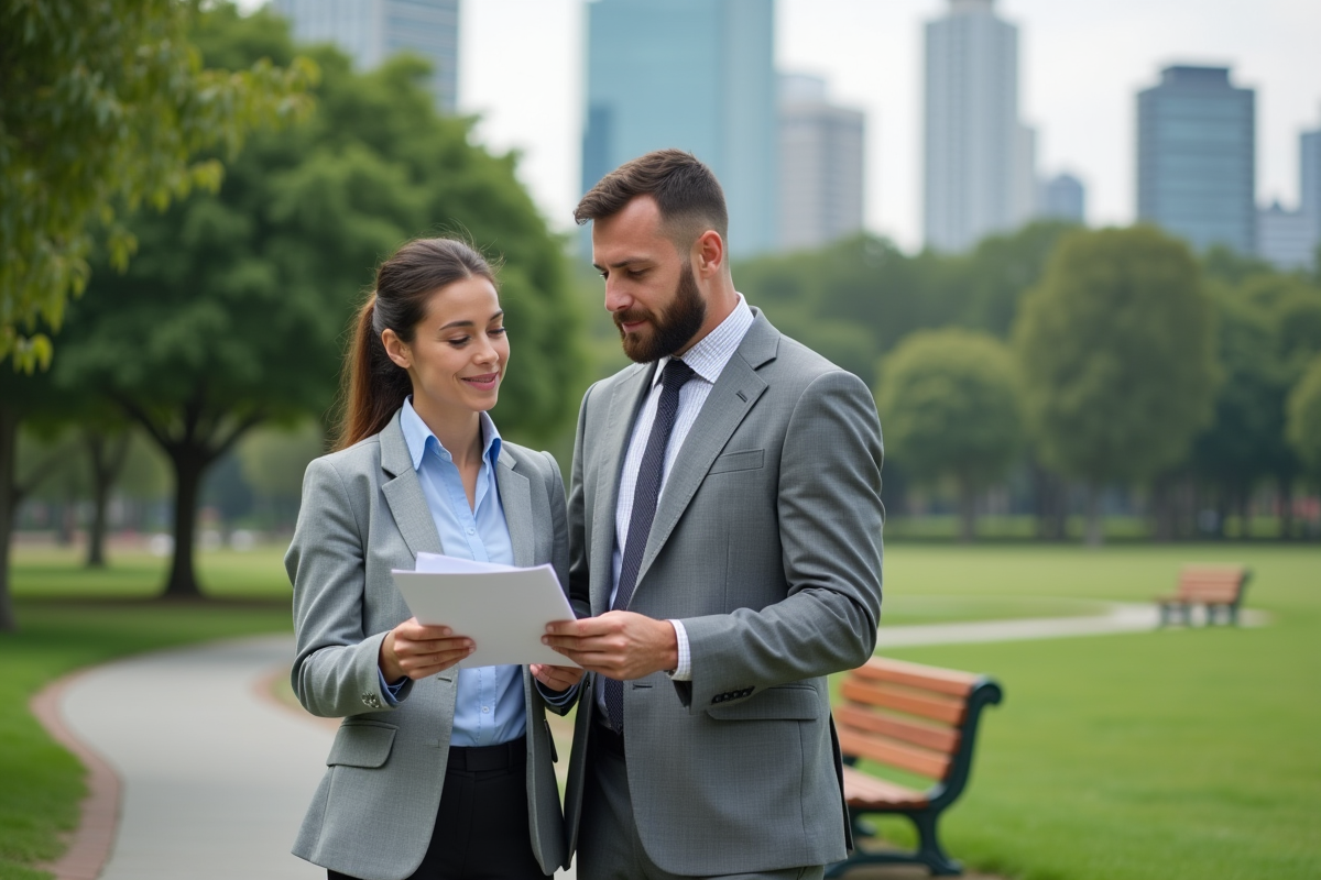 Homme d affaires examinant des documents dans un parc