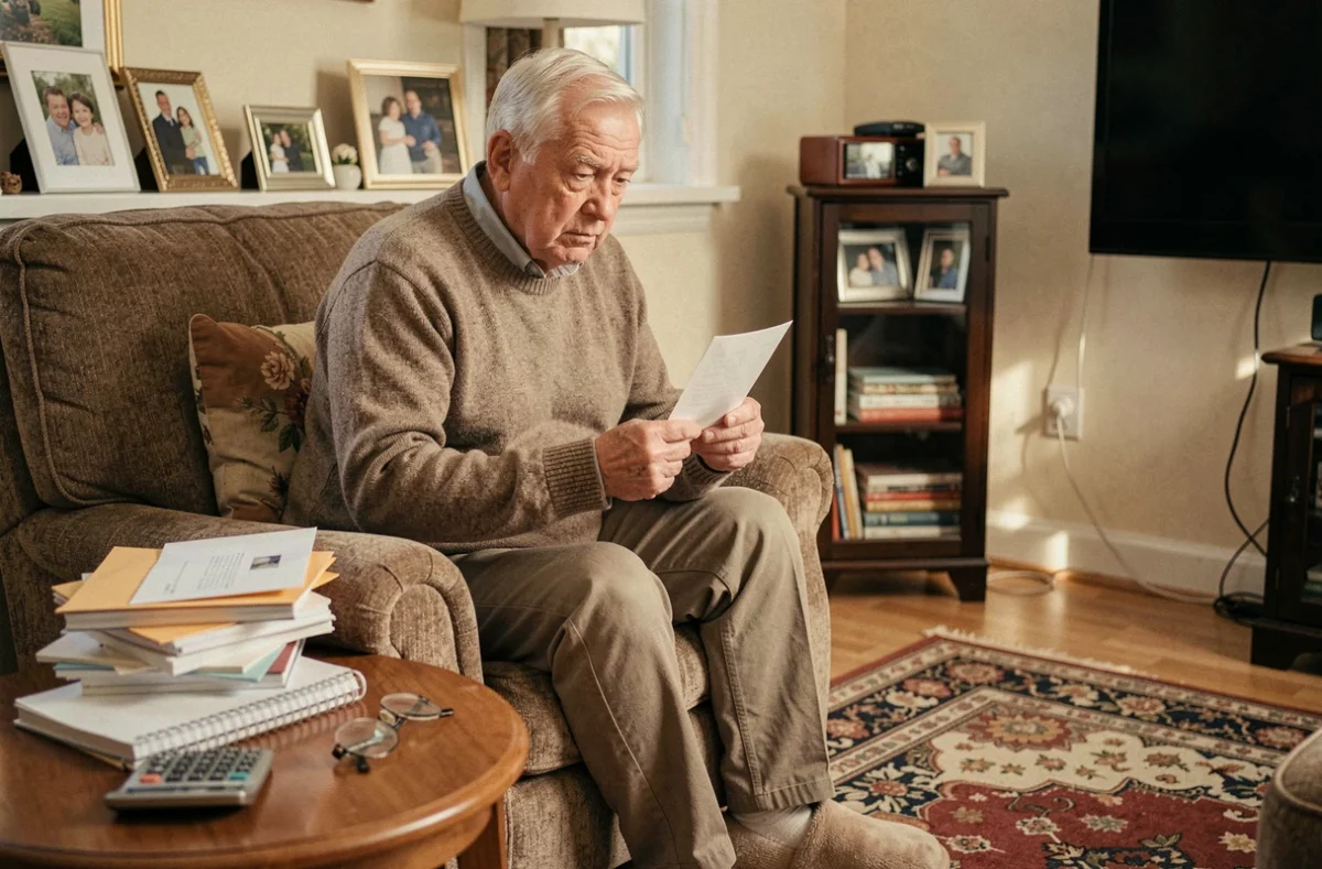 Un homme âgé lit un courrier administratif concernant ses droits et ressources pour l'allocation personnalisée d'autonomie