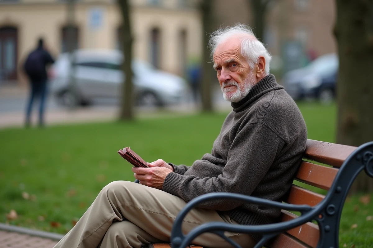 Homme age assis sur un banc dans un parc avec portefeuille