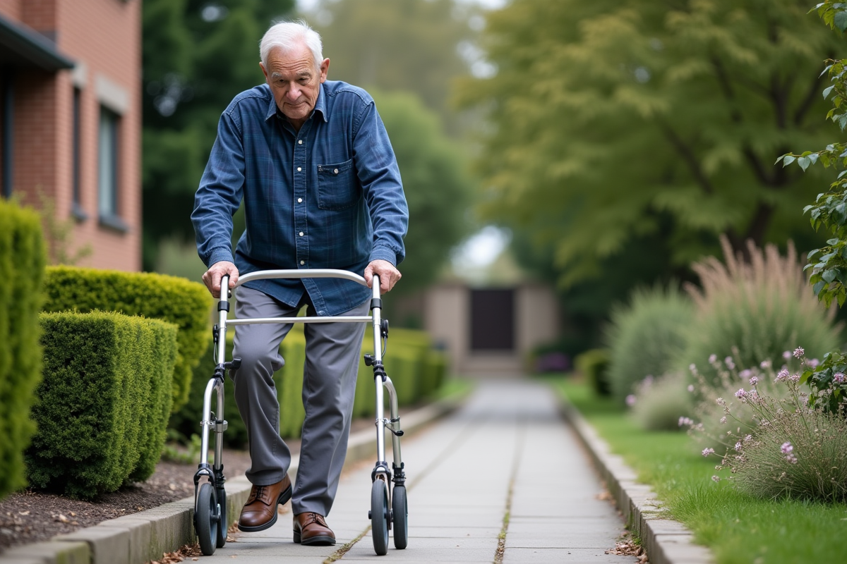 Homme agee marchant avec un déambulateur dans un jardin