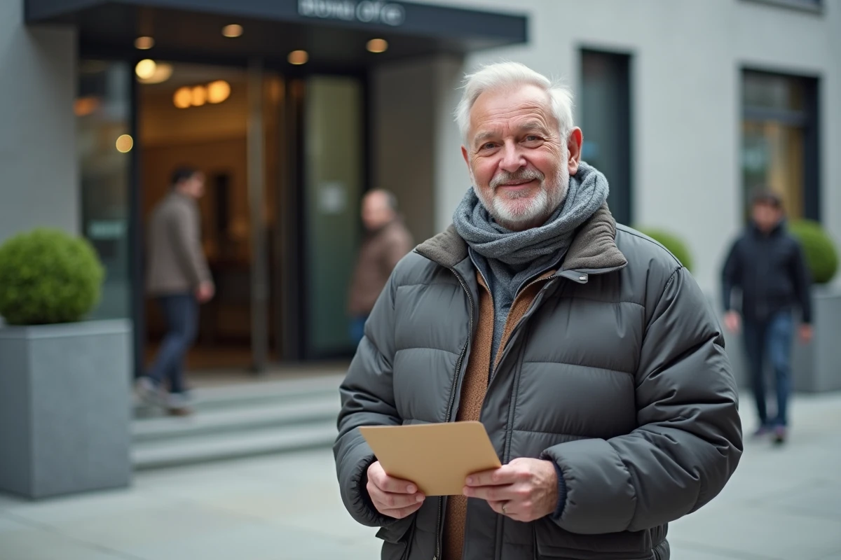 Homme souriant avec enveloppe devant un bâtiment officiel