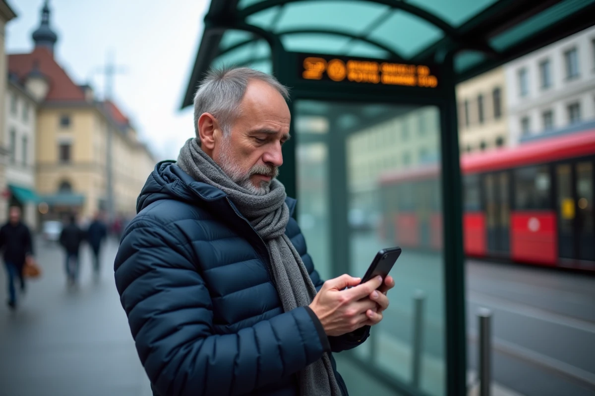 Homme regardant son smartphone à un arrêt de tram à Strasbourg