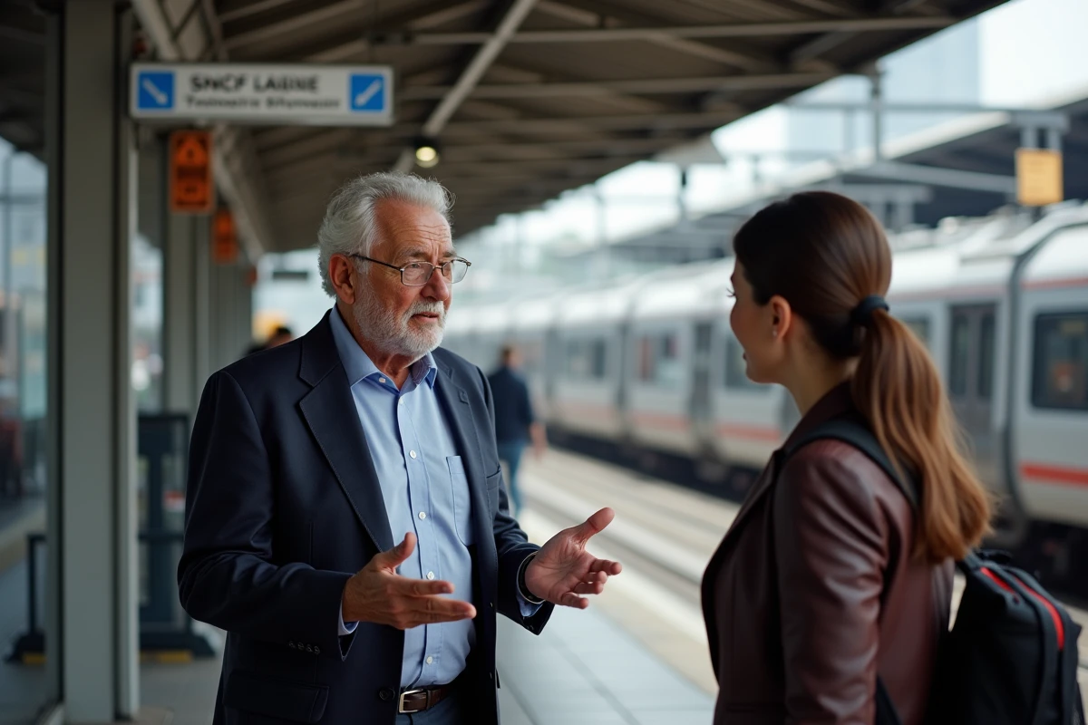 Homme discutant avec un agent SNCF à la gare