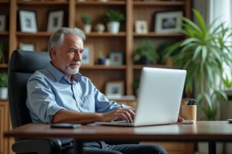 Homme d age en bureau moderne regardant son ordinateur