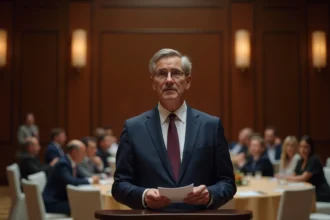 Homme d'âge moyen en costume navy lors d'une conférence