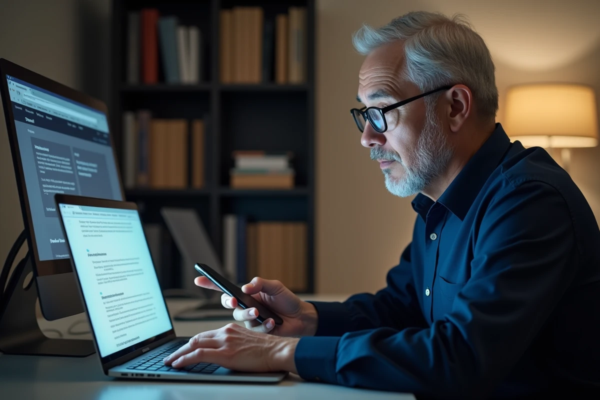 Homme consultant le site de la CNAV sur ordinateur tout en téléphonant pour une demande de retraite