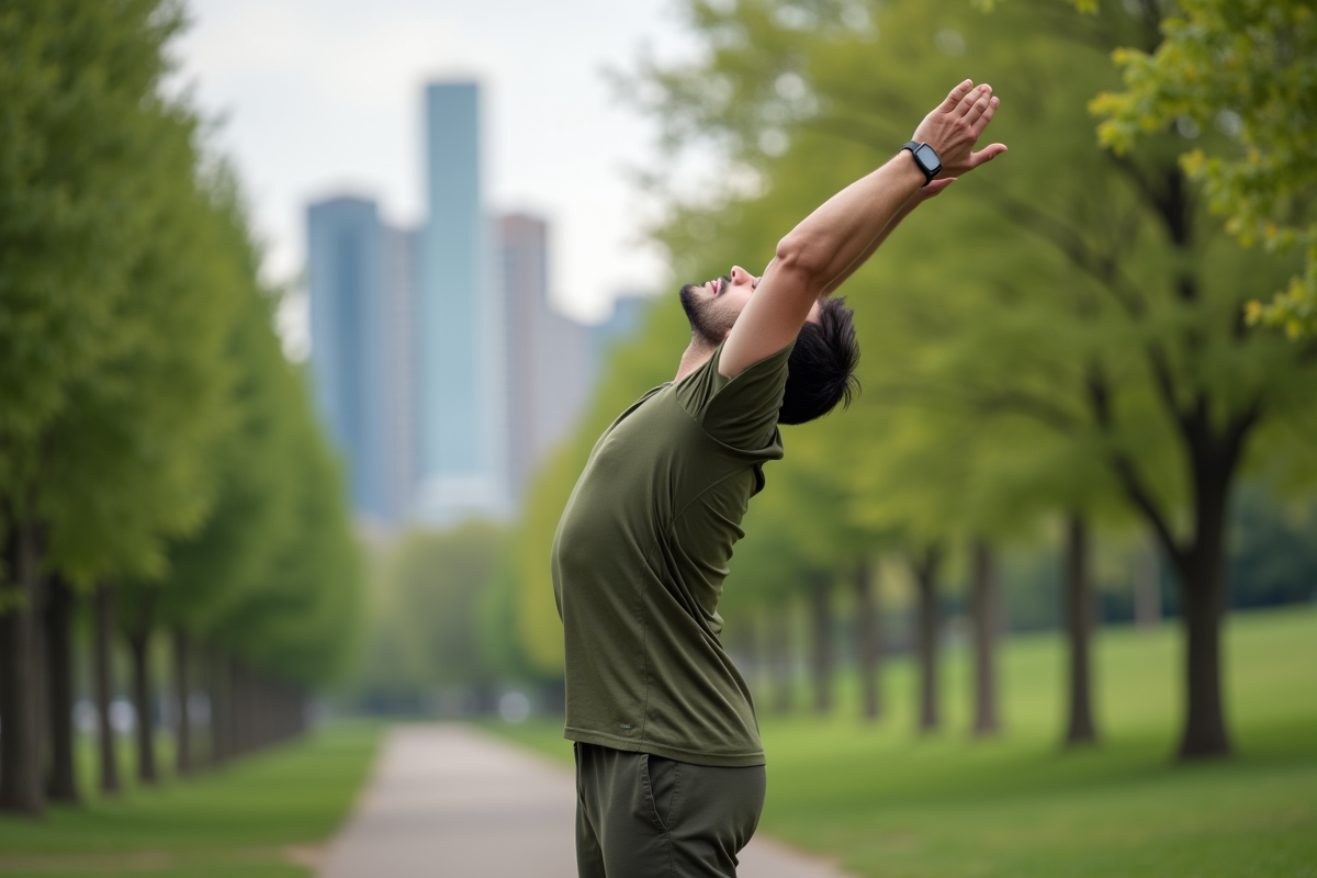Homme faisant un étirement dans un parc calme
