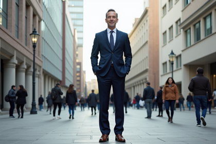 Homme grand en costume dans une place urbaine