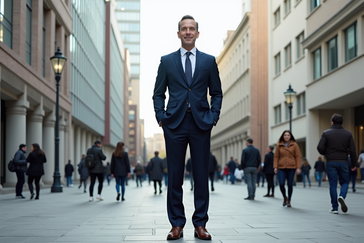 Homme grand en costume dans une place urbaine