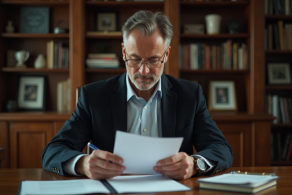 Homme d'âge moyen lisant un document légal dans son bureau