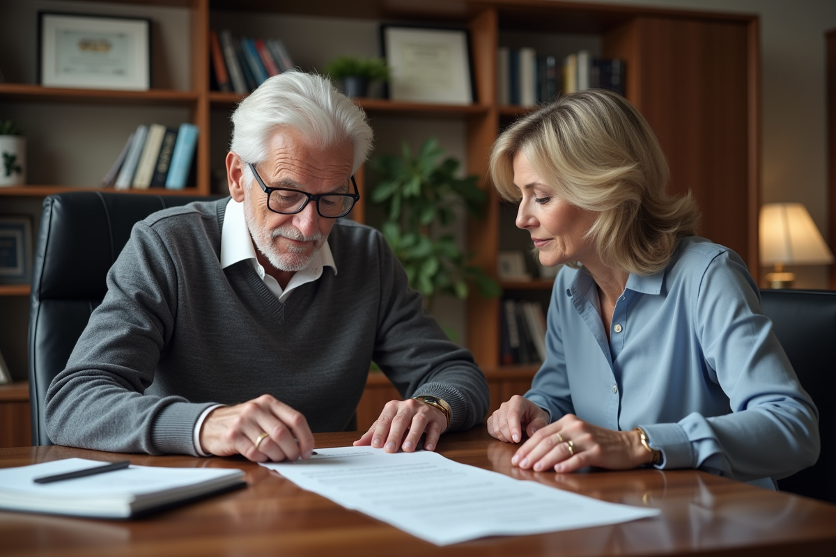 Homme âgé et aidante dans un bureau d’avocats