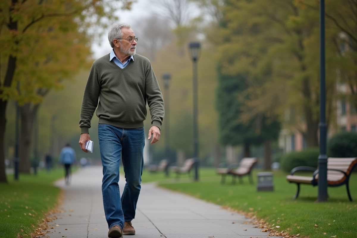 Homme mature se promenant dans un parc urbain