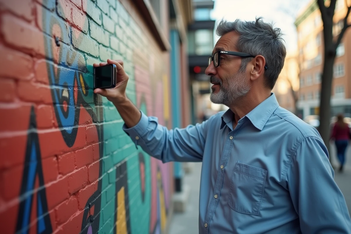 Homme prenant en photo une fresque murale urbaine