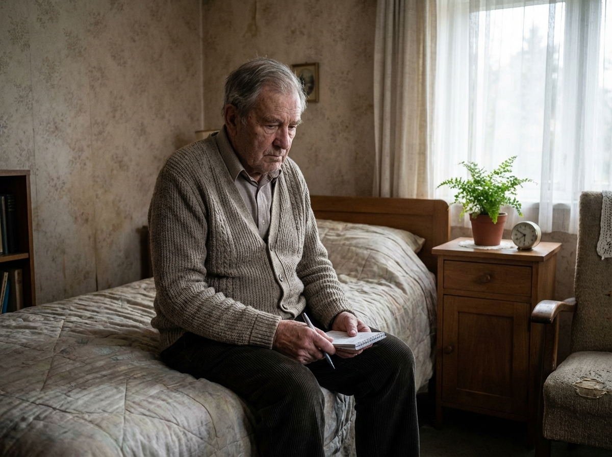 Homme âgé assis sur le lit en train de noter dans un carnet