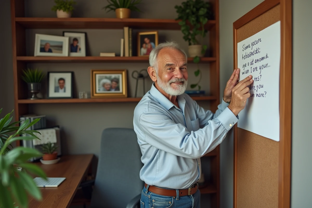 Homme retraité accrochant une blague sur son tableau