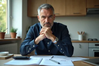 Homme d'âge moyen réfléchissant avec documents de pension