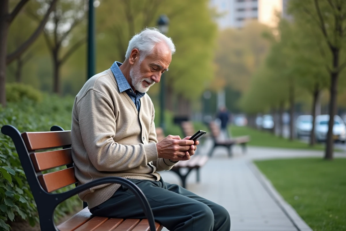 Homme retraité consulte son relevé bancaire au parc