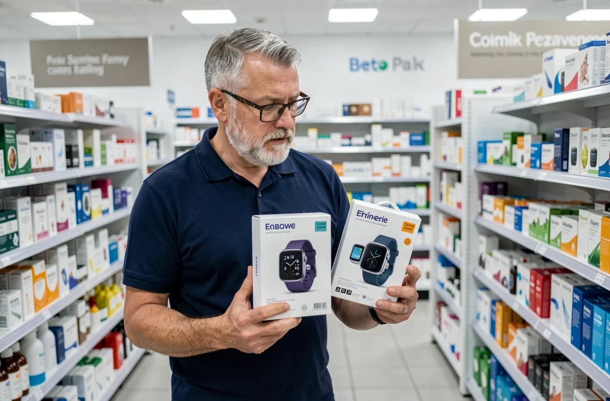 Homme senior comparant deux montres connectées avec détection de chute dans une pharmacie