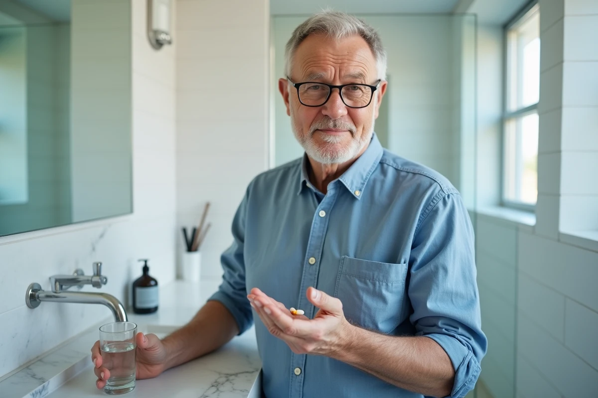 Homme âgé prenant un complément vitaminé avec un verre d'eau dans la salle de bain