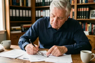 Un homme de 58 ans examine attentivement ses relevés de retraite et heures supplémentaires à son bureau à domicile