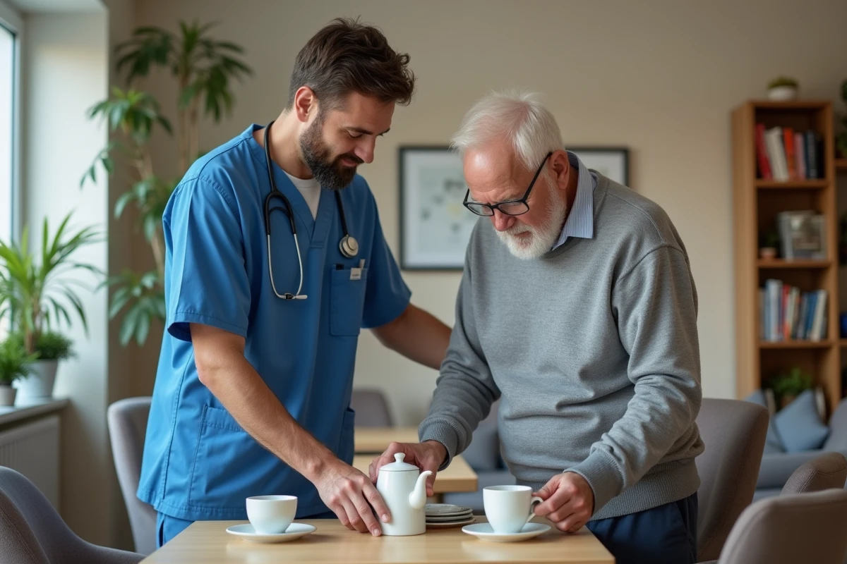 Infirmier aidant un homme age dans une maison de retraite
