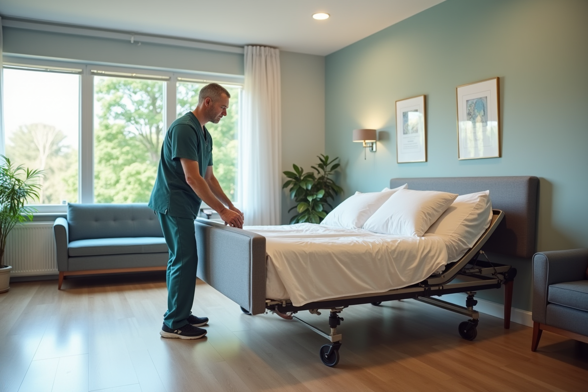 Infirmier ajustant un lit pour patients dementia