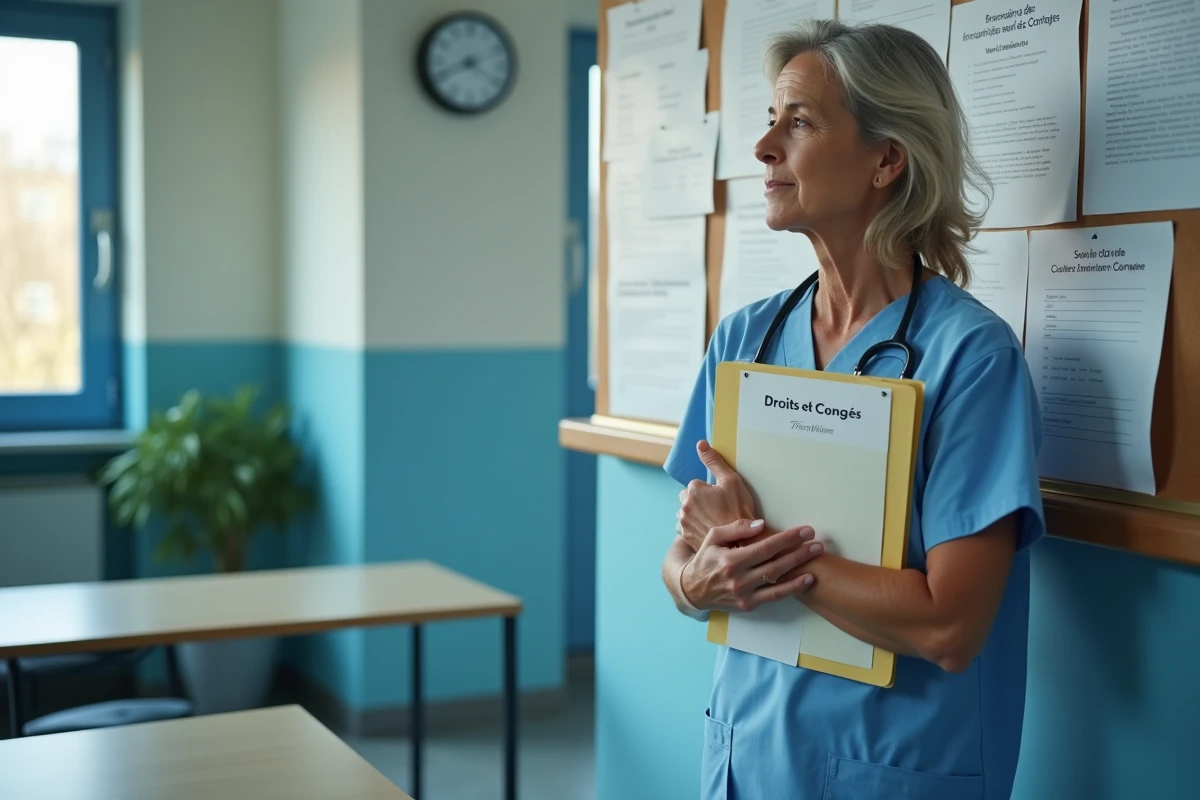 Infirmière en blouse bleue près du tableau d'affichage hospitalier