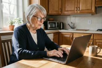 Femme senior souriante qui s'inscrit sur un site de rencontres pour seniors sur son ordinateur portable dans sa cuisine